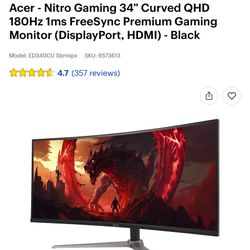 Acer - Nitro Gaming 34" Curved QHD 180Hz 1ms FreeSync Premium Gaming Monitor (DisplayPort, HDMI) - Black