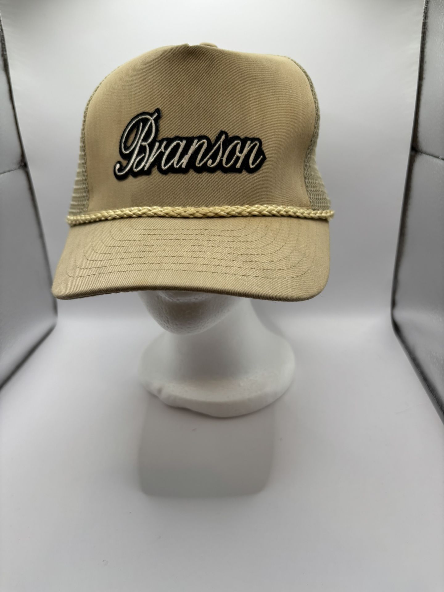 Branson Snapback Rope Trucker Hat Tan One Size Adjustable Mesh Back.