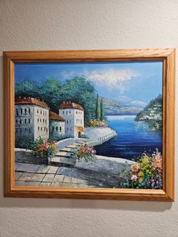 Large Original Impasto Oil Painting – European Coastal Landscape (Framed)