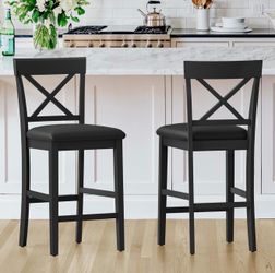Wood Bar Stools Set of 2, Counter Height Bar Stools with Classical X-Shaped Back, Solid Barstools with Rubber Wood Frames and Faux Leather Seat, Black