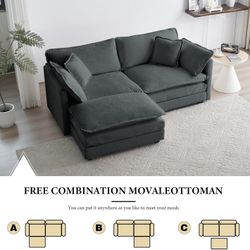 76.7” Oversized Gray Loveseat Sofa, 2 Seater Large Sectional Couches for Living Room, Chenille Fabric Modular Sectional Sofa with 1 Ottoman, Deep Seat