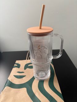 STARBUCKS glass tumbler with handle & straw