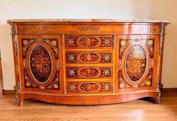 Antique 1900s French Style Marquetry Credenza with Marble Top