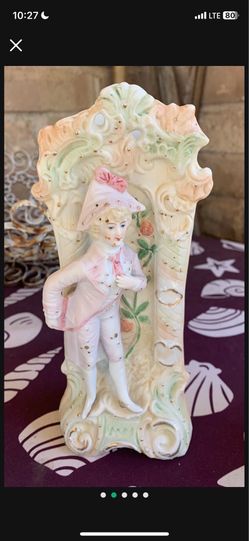 vintage Japanese porcelain wall plaque featuring a Victorian woman in a pink dress and hat.