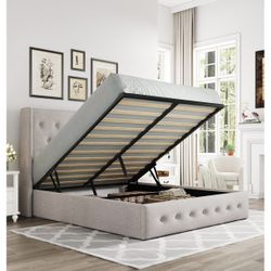 Allewie Queen Size Lift Up Storage Bed, Button Tufted Headboard with Wingback, Hydraulic Support, No Box Spring Needed, Light Beige