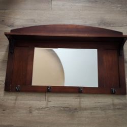 Wood Shelf With Mirror/ Coat Rack 
