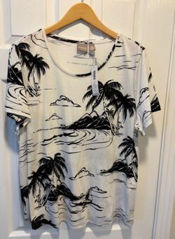 Brand New Black & white Chico's Tropical Palm Tree Print T-Shirt Top Size 3 - XL - Simi Valley