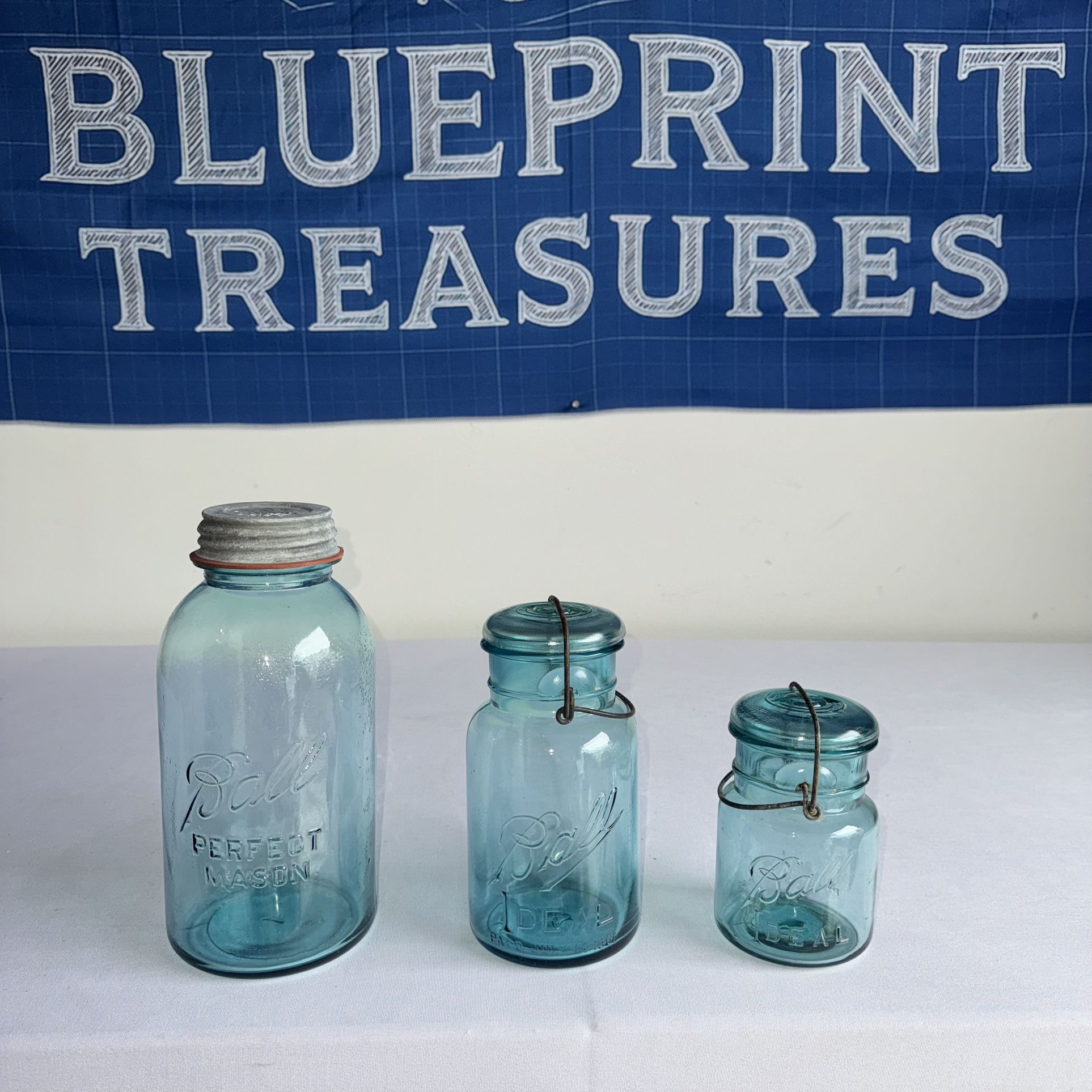 ✨ Vintage Blue Glass Ball Jar Set – PERFECT MASON & IDEAL – Lot of 3! 🫙💙
