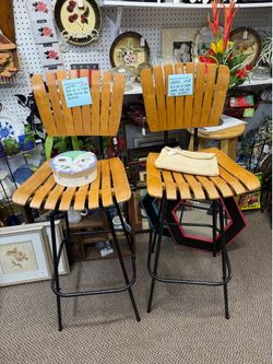 MCM Pair of Vintage Slattedd Swivel Wood / Metal Barstools
