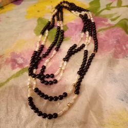 Onyx And Freshwater Pearls,And Gold Beads, 52 Inch Long