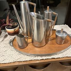 Mid-Century KDM Pewter And Teak Coffee And Tea Set