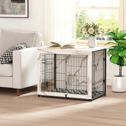 Wooden Dog Crate Furniture with Cushion, Dog Crate End Table with Tray, Double Doors Dog Crate Furniture Style, Decorative Dog Kennels Indoor for Smal,New Products : American Fashion Style Bags On Sale