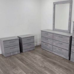Grey Dresser With Mirror And 2 Nightstand Set
