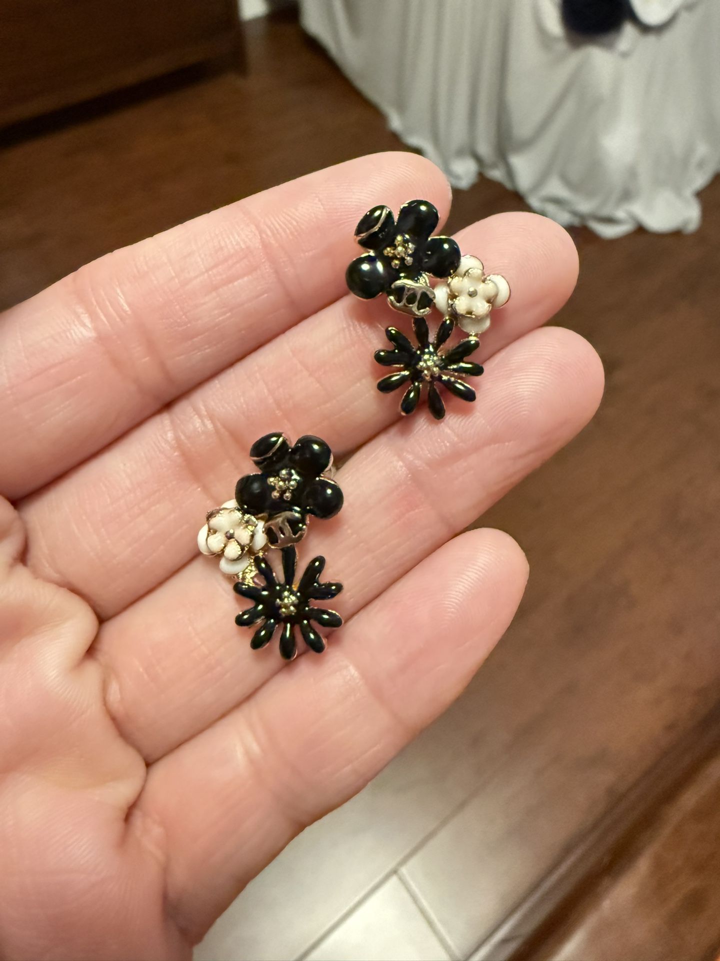 CC black &white enamel Camellia Earrings