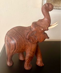 Vintage Japanese 8” Tall Carved Wood Elephant With White Tusks Sculpture Figure