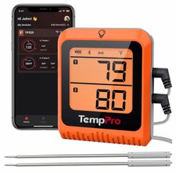 TempPro Wireless Meat Thermometer Digital for Grilling and Smoking, 2 Probes Bluetooth Meat Thermometer for Cooking Turkey Fish Beef, Rechargeable Smo