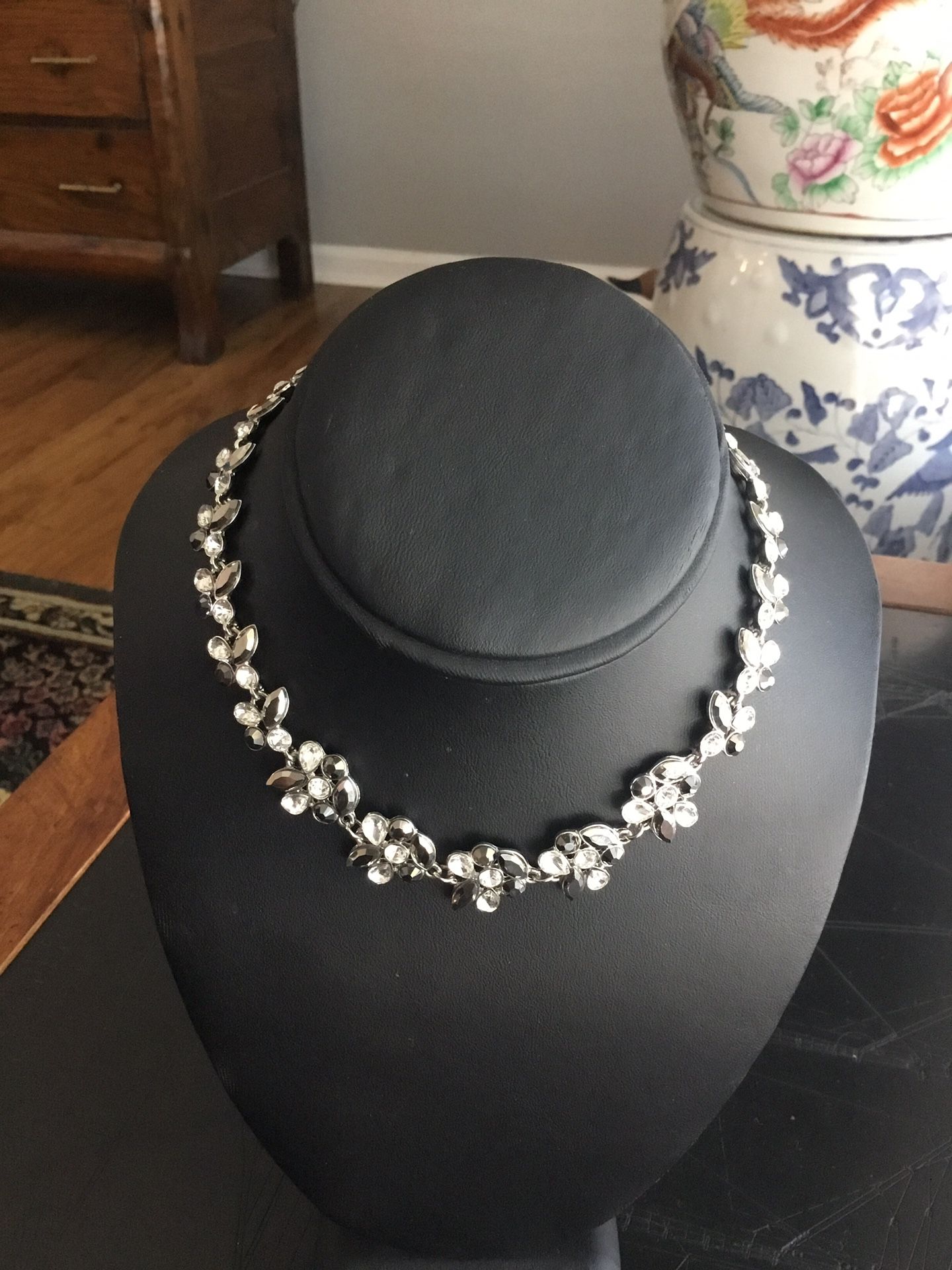 Silver Tone Clear & Dark Rhinestone Collar Choker Style Necklace