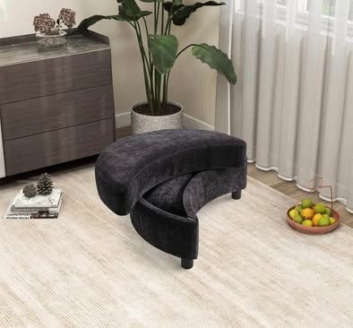 Assembled New Upholstered Half Crescent Moon Storage Bench Large Ottoman w/ Tray Serve As Side Table