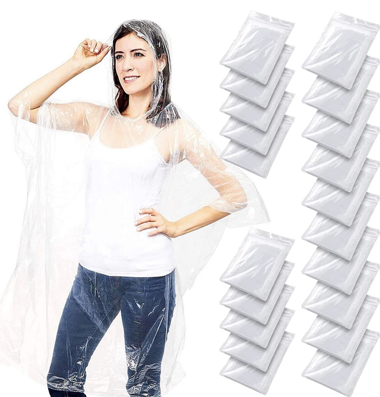 Juvale 20 Pack Disposable Rain Ponchos for Adults, with Hood, Clear NEW