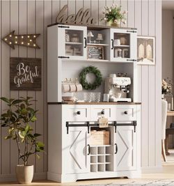 Farmhouse Tall Buffet Cabinet with Drawers, Large Coffee Bar, brand new in box.