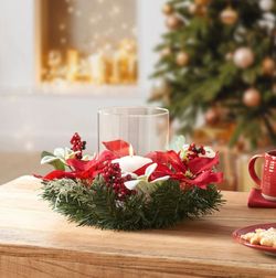 Decorative Tabletop Artificial Christmas Glass Hurricane Candleholder with Artificial Red Foliage Centerpiece. Candle Not Included