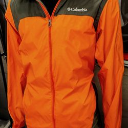 Columbia Hooded Packable Windbreaker Men’s Small Orange Grey Jacket