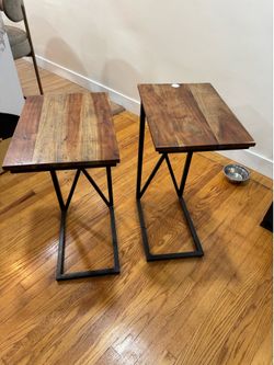 Set of 2 Industrial Wood and Metal C-Shaped Side Tables