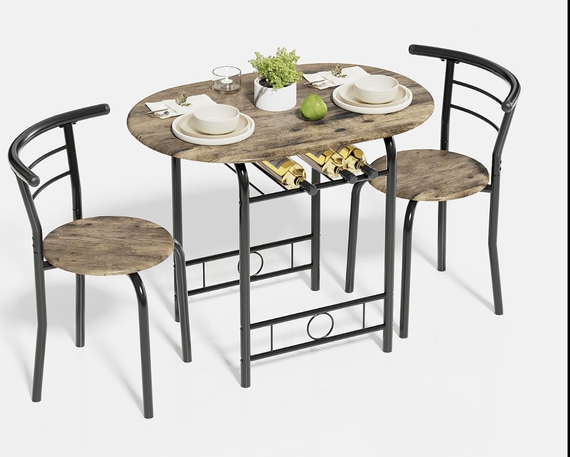 Preorder 3 Piece Wood Round Table & Chair Set For Dining Room Kitchen Bar Breakfast, With Wine Storage Rack, Space Saving