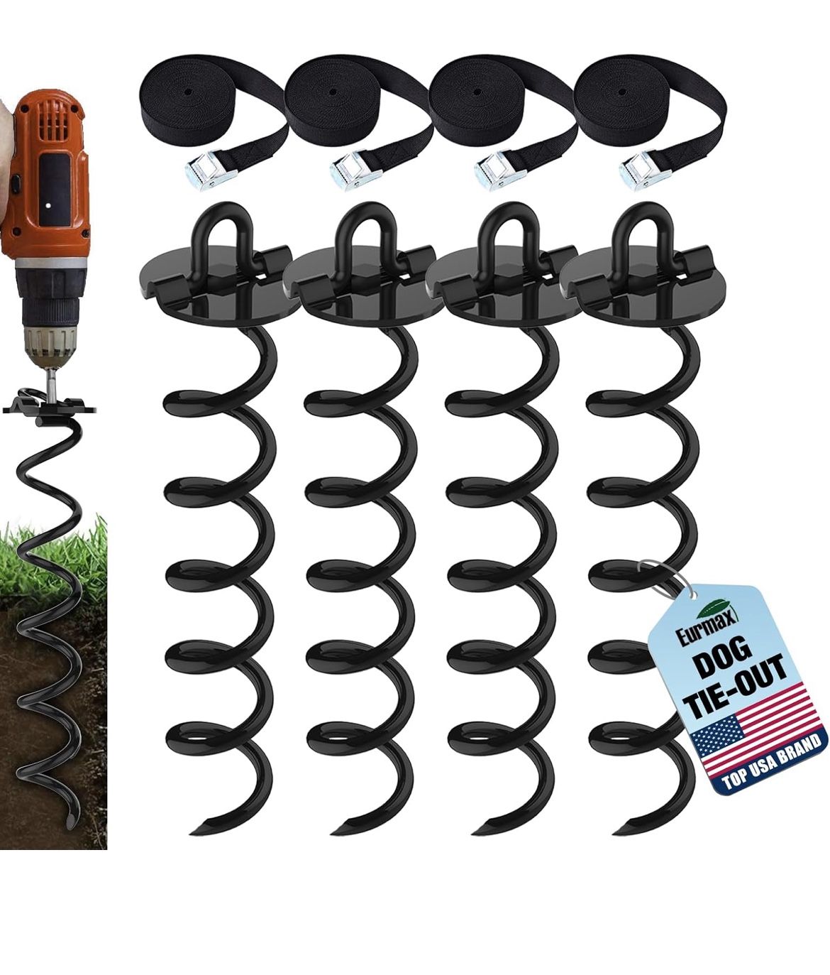 4-Pc Pack Spiral Stakes Heavy Duty Anchor Kit Ice Screw Anchor for Trampoline, Tents, tarps, Canopies,car Ports,Dog tie Out and etc Bonus Tie Down St