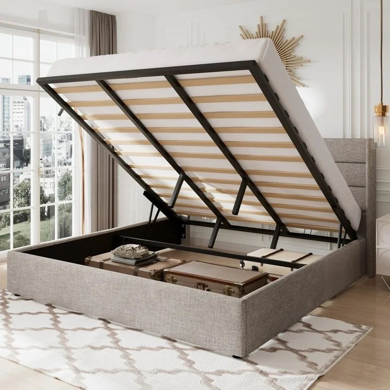 King Size Lift-Up Storage Bed Frame – Beige Wingback Headboard (Open Box)