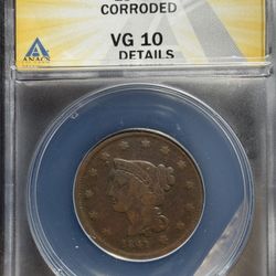 1841 Braided Hair Large Cent – ANACS VG10 Details – Corrosion