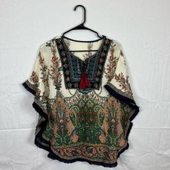 Paisley Print Embroidered Poncho Top Sz M 