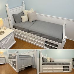 White Twin Storage Bed w/ Drawers + Mattress