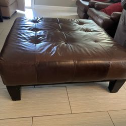 Genuine Leather Brown Ottoman, Hard Wood Frame, 41x41x17 Inches