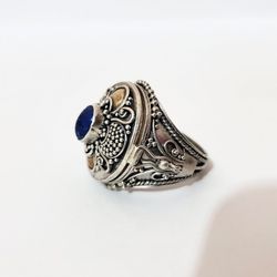 Rare Vintage 925 Sterling Silver Hallmarked Lapis Lazuli Pill Box Ring Sz 6.75