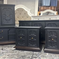 Beautifully refurbished bedroom, set hand painted in black. Mint condition solid construction.