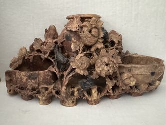 antique Chinese hand carved floral soapstone Triple vase