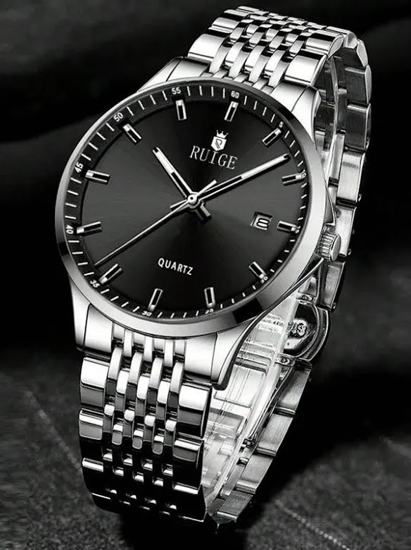 Stylish Mens Luxury Quartz Stainless Steel Black and Silver Watch for you or Someone Special
