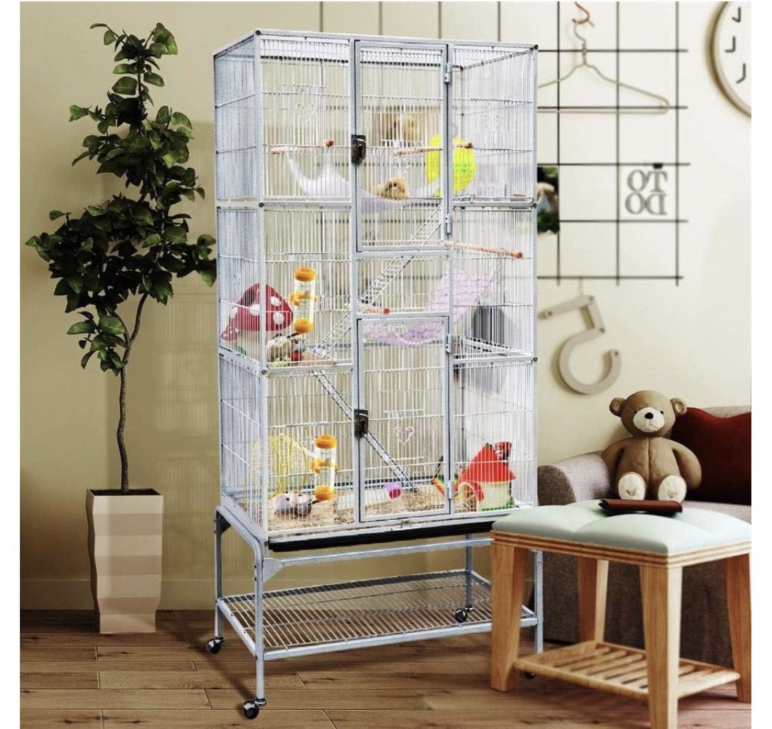 Metal 3 Levels Small Animal Cage w/Cross Shelves and Ladders for Ferret Chinchilla Sugar Glider Squirrel,