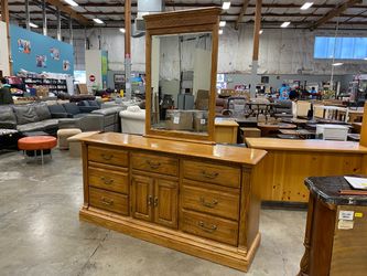 AMERICAN DREW 9 Drawer Triple Dresser and Mirror with Carved Floral Details and Brass Pulls