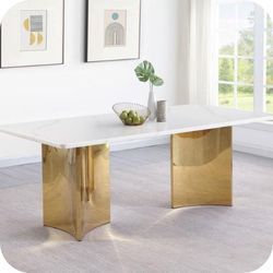 💎 Art Deco Vibe Rectangular 79-inch Veneer Marble Top Dining Table White💎