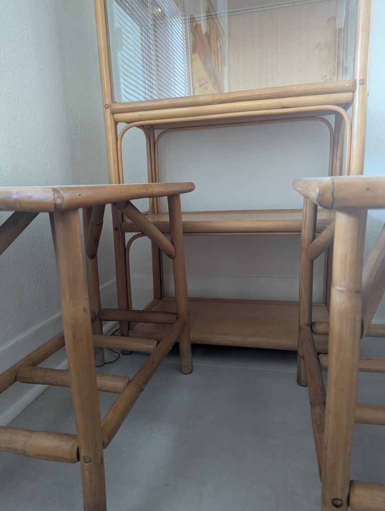 *RARE* Vintage Rattan/Bamboo Book Shelf (With Glass) and Side Tables