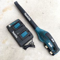 A Set Of MPH 155 CFM LXT 18V X2 (36V) Lithium-Ion Electric Cordless Leaf Tool Includes Double Changer And Batteries - Makita 