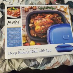 New Parini Cookware Non-stick Stoneware Deep Baking Dish with Lid Blue