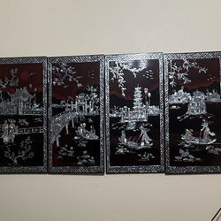 Vintage Vietnamese lacquer and mother of pearl Inlaid panels wall art decor painted panel Painted inlay