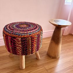 Boho woven stool + solid wood side table ✨ moving sale 