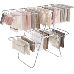 SONGMICS Clothes Drying Rack, Foldable 2-Level Laundry Drying Rack, Free-Standing Laundry Airer, with Height-Adjustable Wings, 33 Drying Rails, Sock C