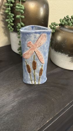 Handcrafted Blue Vase with Dragonfly Design