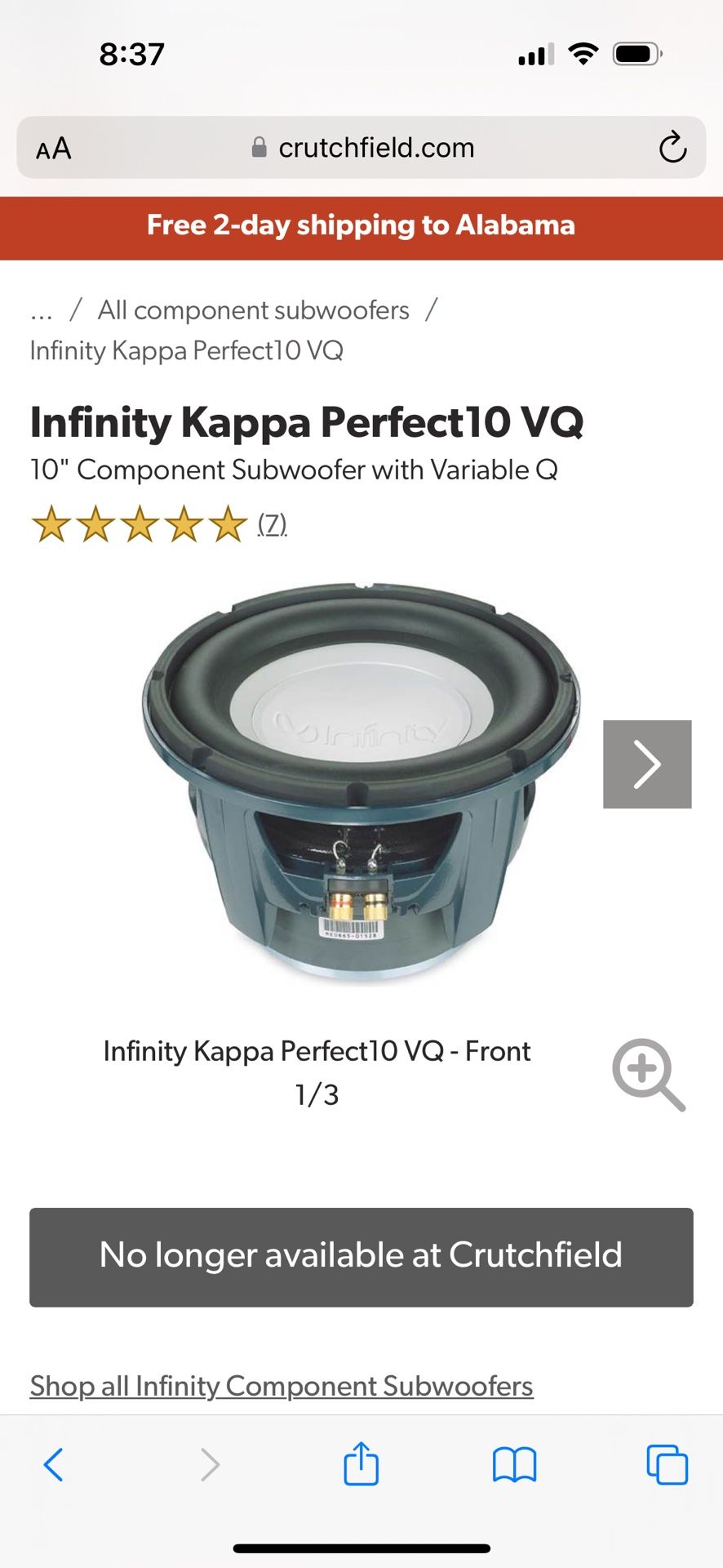 2 Infinity Kappa Perfect 10in Subwoofers With Box