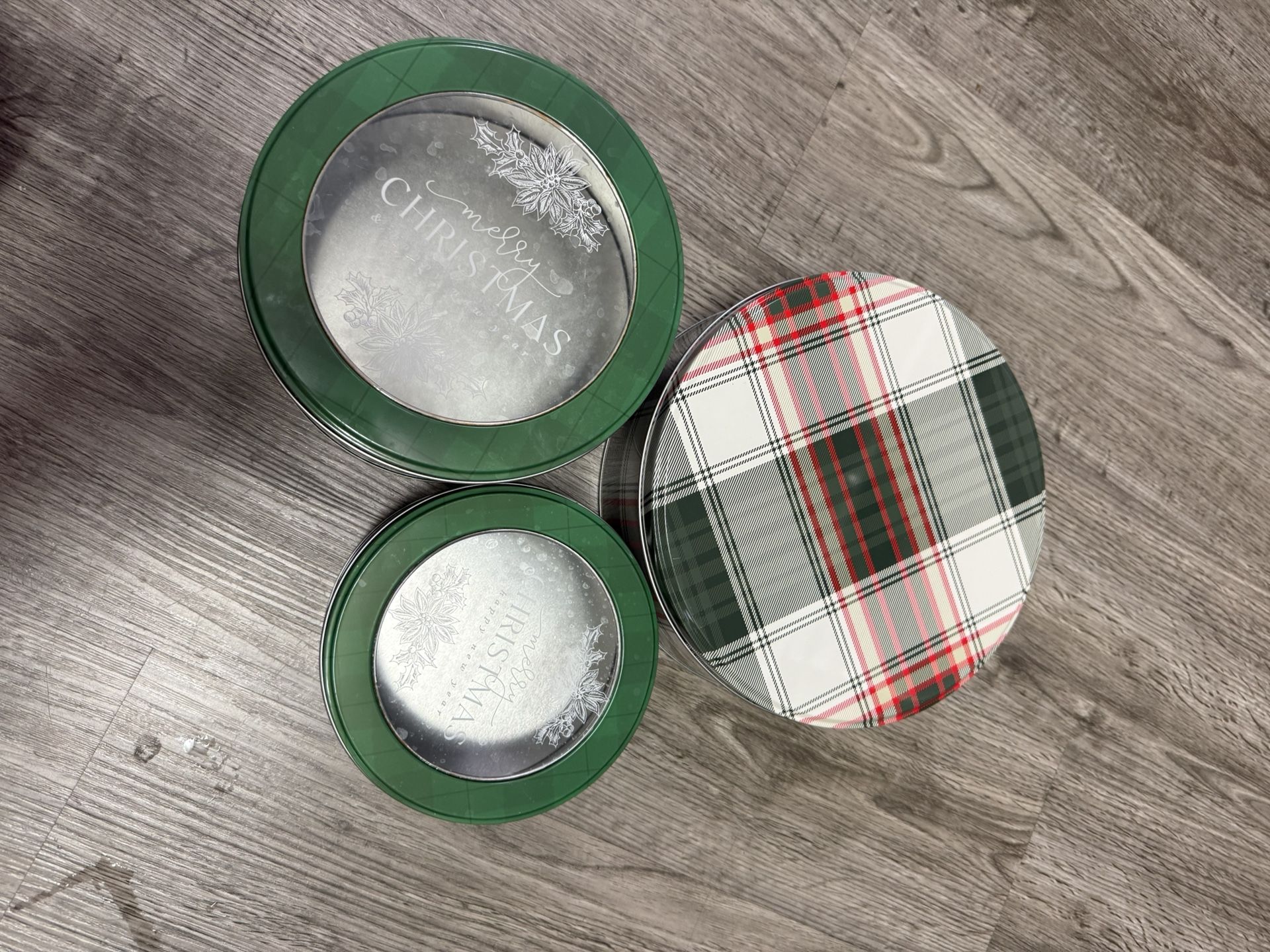 Three Metal “Merry Christmas” Plaid Cookie Tins